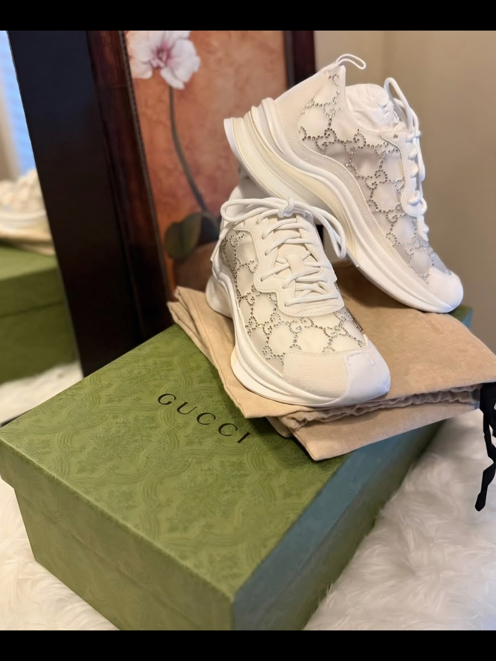 Gucci White GG-Crystal Perforated Leather Sneakers - Women